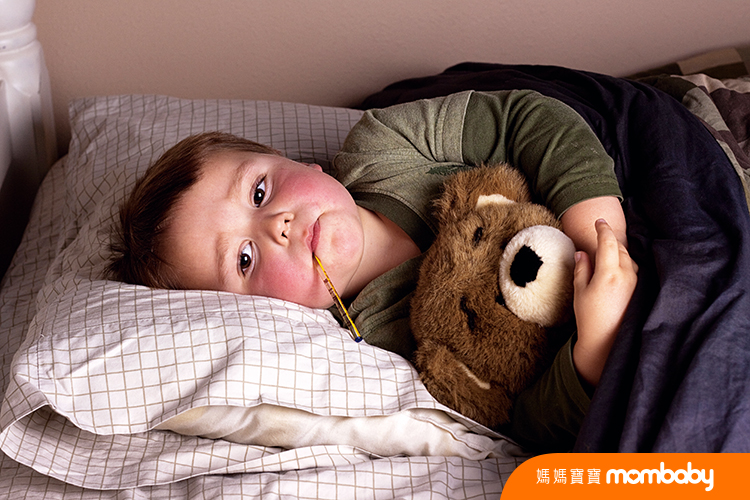 Sick,Little,Boy,With,Bright,Red,Cheeks,And,Thermometer,In