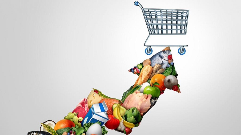 通貨膨脹 購物車 購物車 提高 家禽 升起 食物 牛排 飲食 概念 思路 比喻 農業